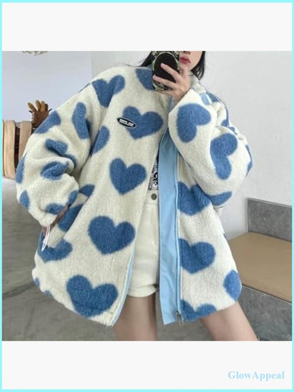 Women's Reversible Fleece Sherpa Jacket Kawaii Heart Print Zip Up Cozy - Picture 4 of 7